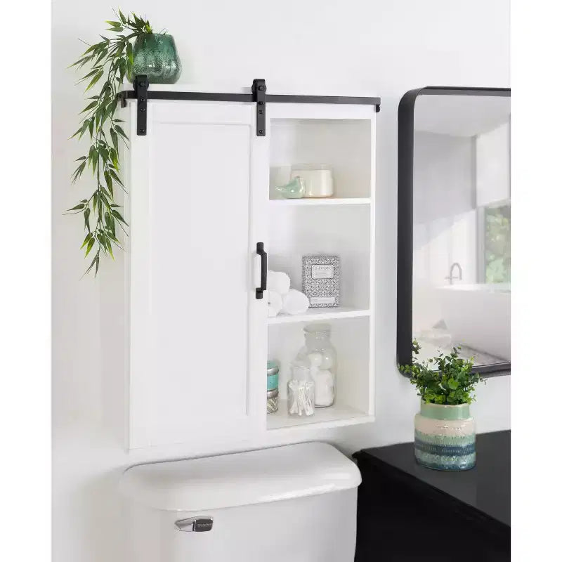 22" x 28" Skylan Decorative Farmhouse Wall Cabinet White - Kate & Laurel All Things Decor: Metal Rolling Door, No Assembly Required