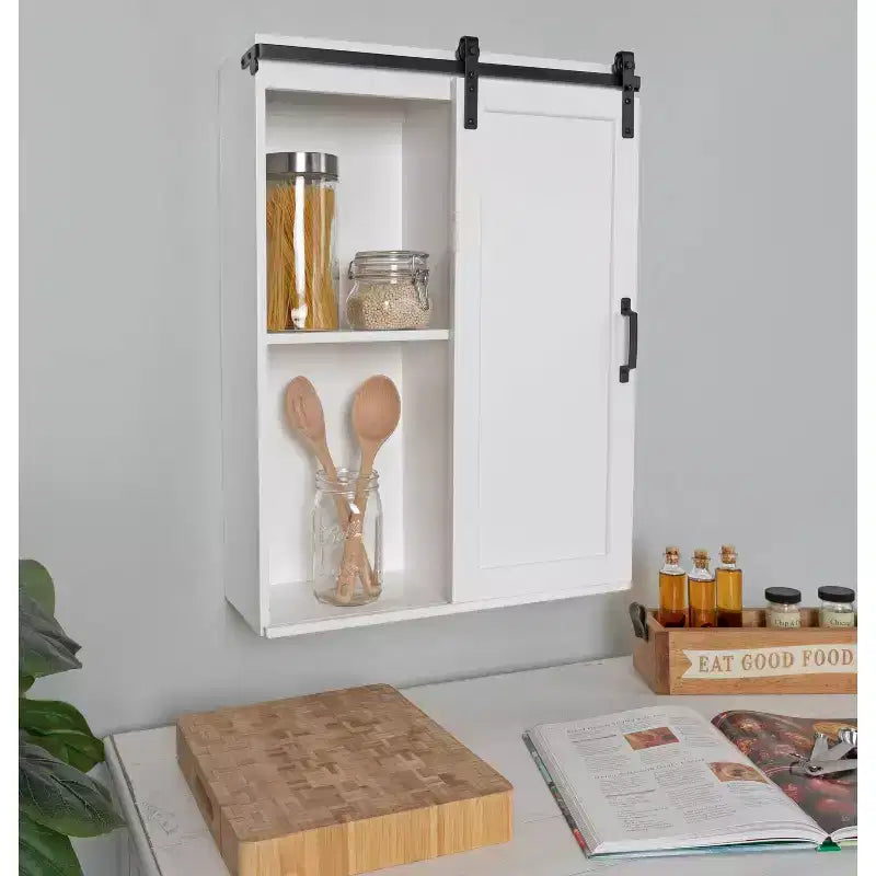 22" x 28" Skylan Decorative Farmhouse Wall Cabinet White - Kate & Laurel All Things Decor: Metal Rolling Door, No Assembly Required