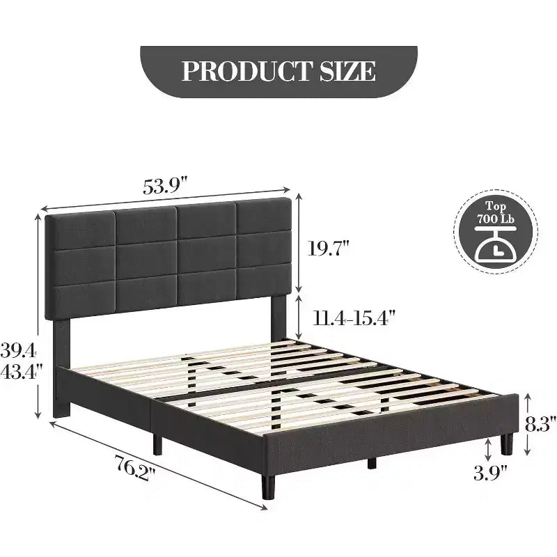 Full Upholstered Platform Bed with Adjustable Headboard. Heavy-Duty Wood Slat Support, Noise-Free, No Box Spring Needed & Easy Assembly.