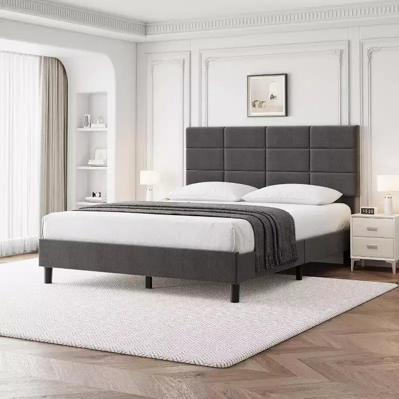 Full Upholstered Platform Bed with Adjustable Headboard. Heavy-Duty Wood Slat Support, Noise-Free, No Box Spring Needed & Easy Assembly.