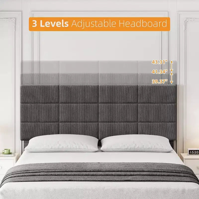 Full Upholstered Platform Bed with Adjustable Headboard. Heavy-Duty Wood Slat Support, Noise-Free, No Box Spring Needed & Easy Assembly.