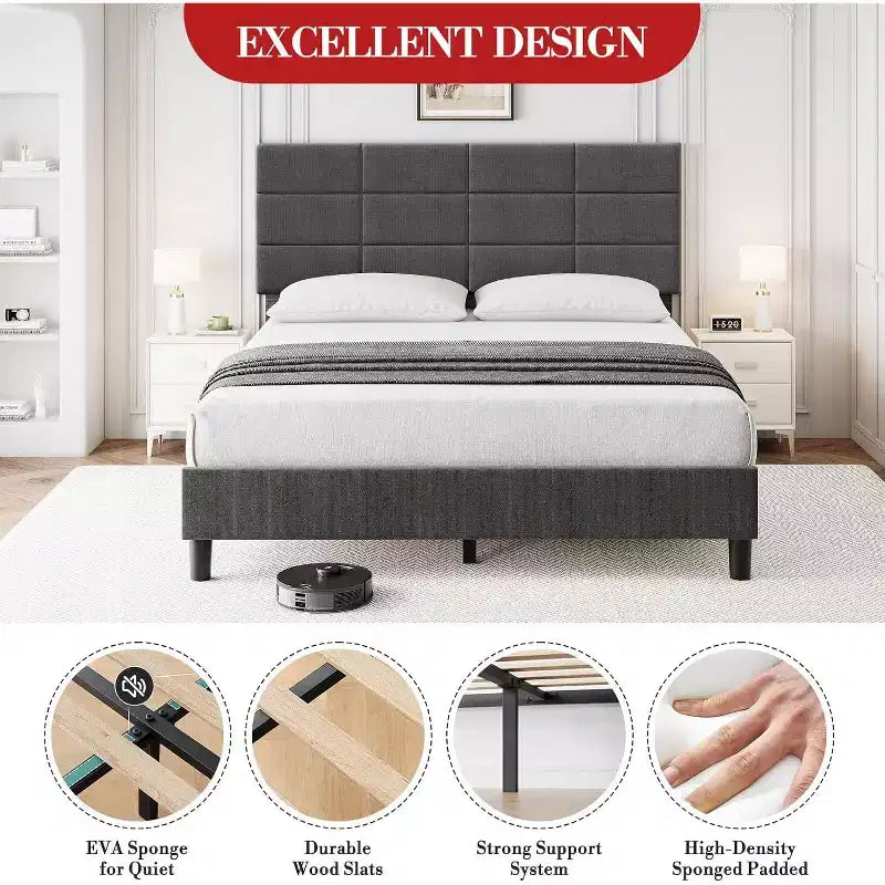 Full Upholstered Platform Bed with Adjustable Headboard. Heavy-Duty Wood Slat Support, Noise-Free, No Box Spring Needed & Easy Assembly.