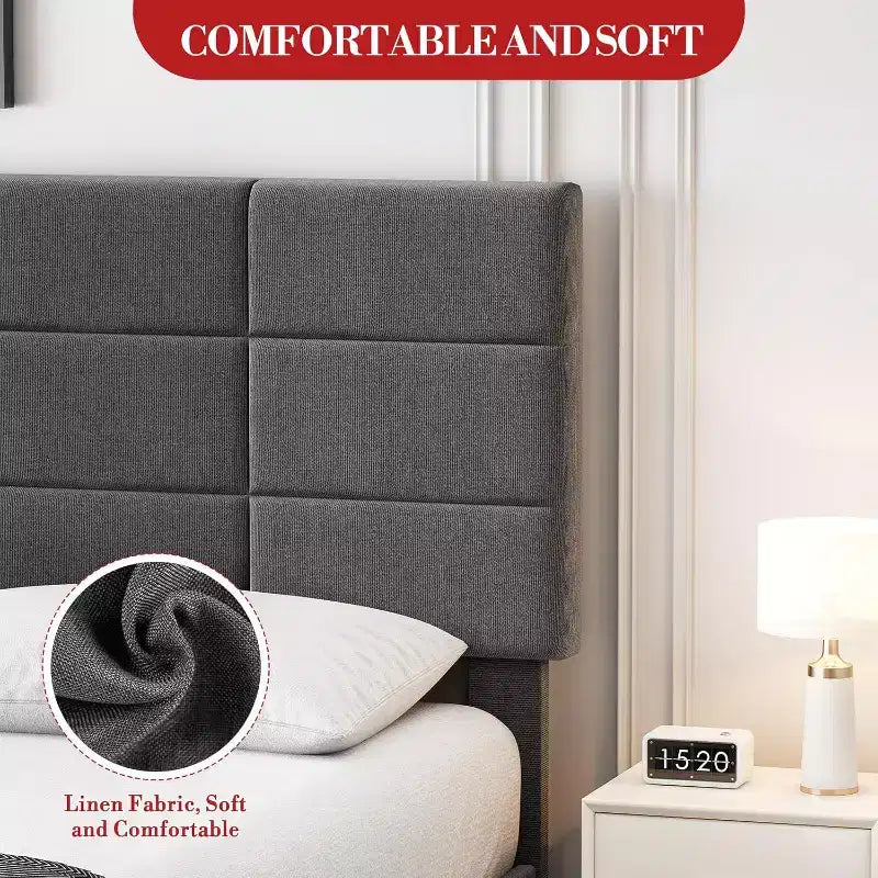 Full Upholstered Platform Bed with Adjustable Headboard. Heavy-Duty Wood Slat Support, Noise-Free, No Box Spring Needed & Easy Assembly.