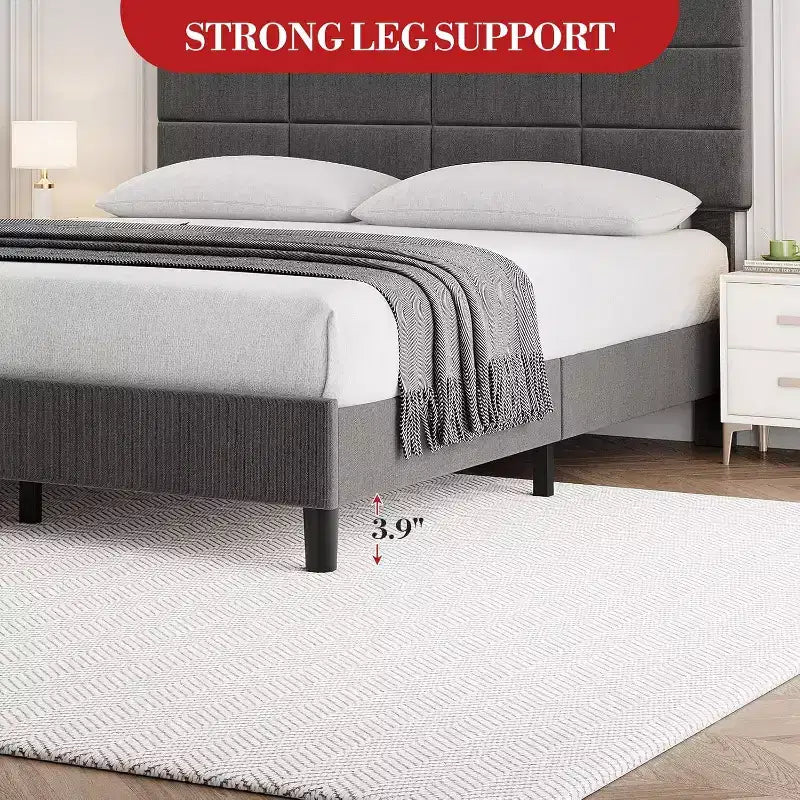 Full Upholstered Platform Bed with Adjustable Headboard. Heavy-Duty Wood Slat Support, Noise-Free, No Box Spring Needed & Easy Assembly.