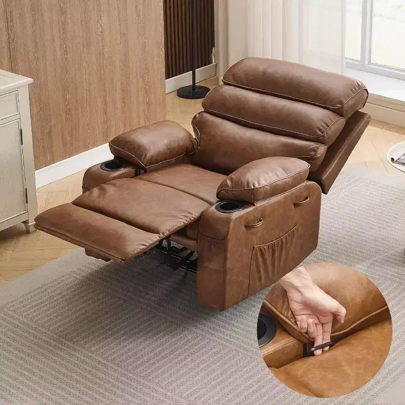 Extra Wide Manual Recliner with Massage and Heat, PU Leather Glider Chair with Cup Holders for Living Room, Black/Brown/Dark Brown