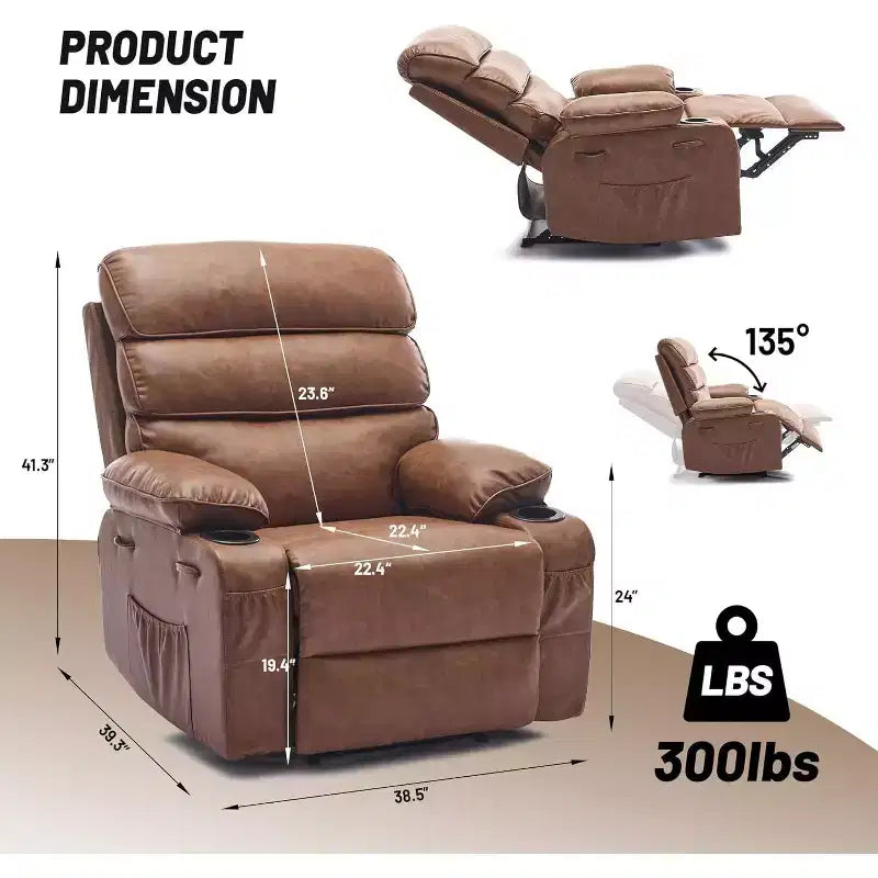 Extra Wide Manual Recliner with Massage and Heat, PU Leather Glider Chair with Cup Holders for Living Room, Black/Brown/Dark Brown
