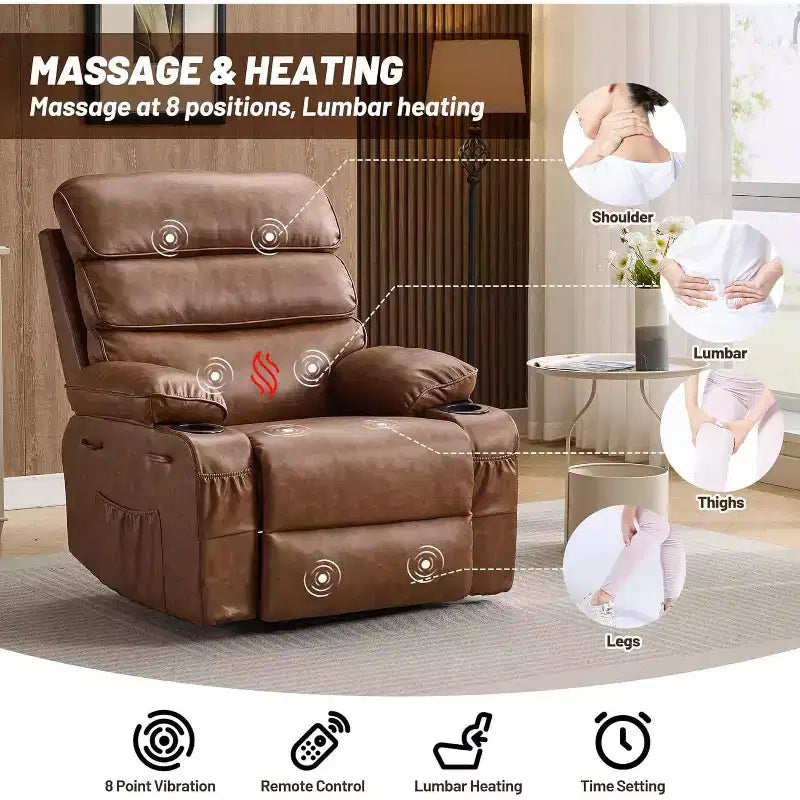 Extra Wide Manual Recliner with Massage and Heat, PU Leather Glider Chair with Cup Holders for Living Room, Black/Brown/Dark Brown