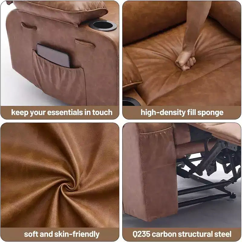 Extra Wide Manual Recliner with Massage and Heat, PU Leather Glider Chair with Cup Holders for Living Room, Black/Brown/Dark Brown