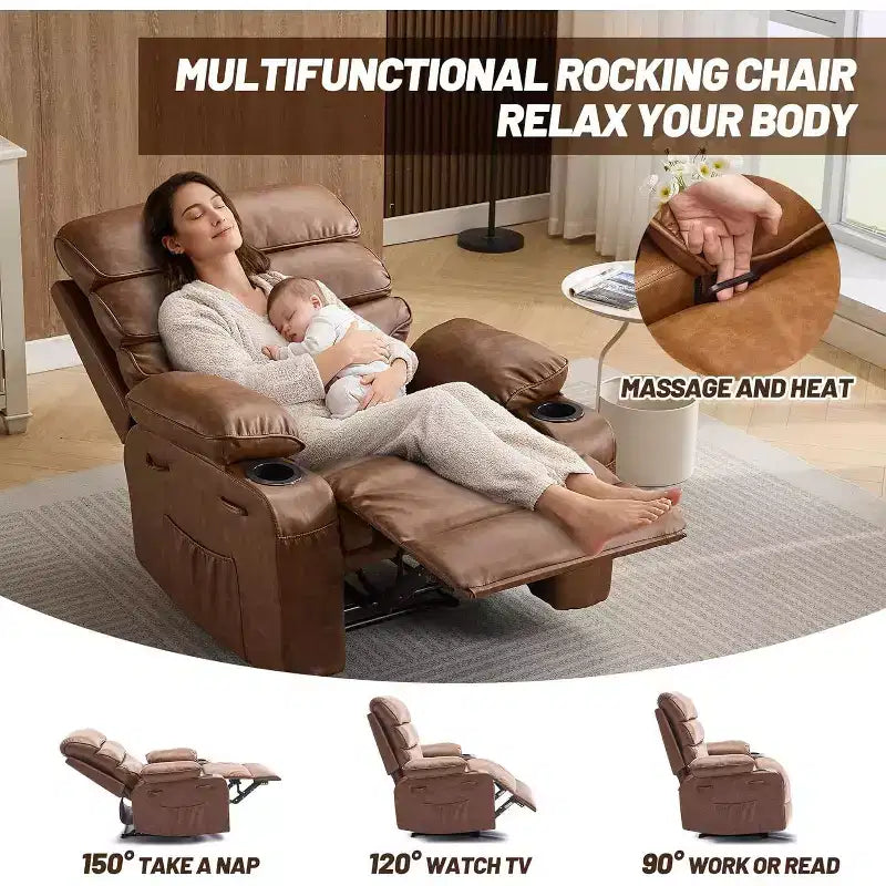 Extra Wide Manual Recliner with Massage and Heat, PU Leather Glider Chair with Cup Holders for Living Room, Black/Brown/Dark Brown