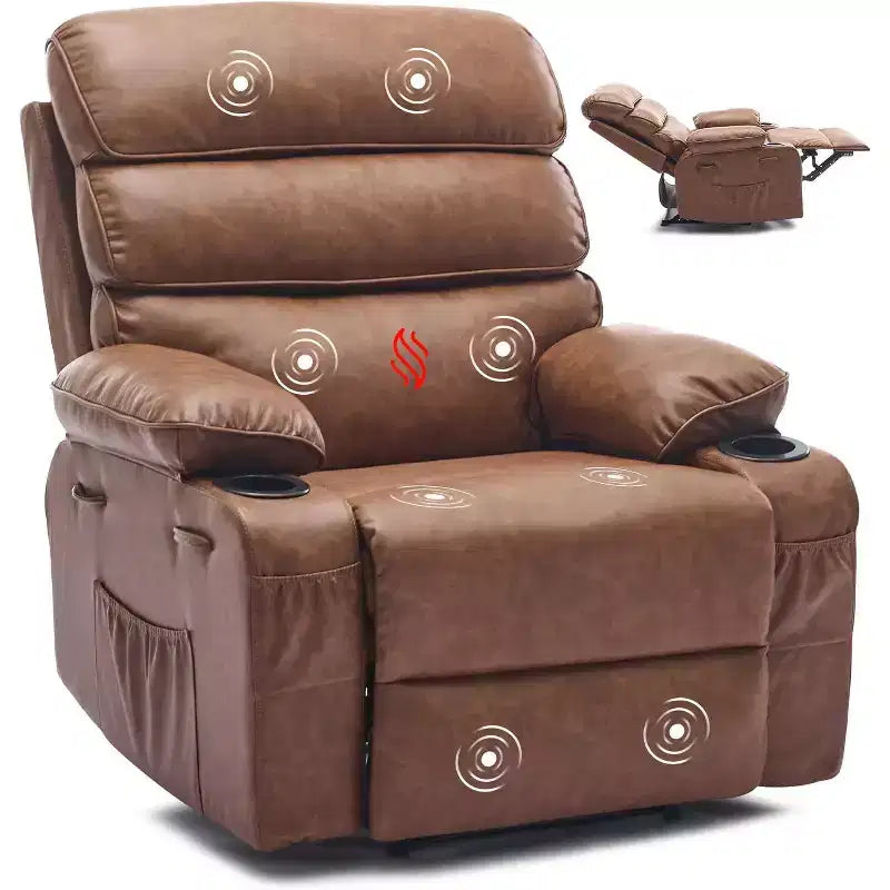 Extra Wide Manual Recliner with Massage and Heat, PU Leather Glider Chair with Cup Holders for Living Room, Black/Brown/Dark Brown