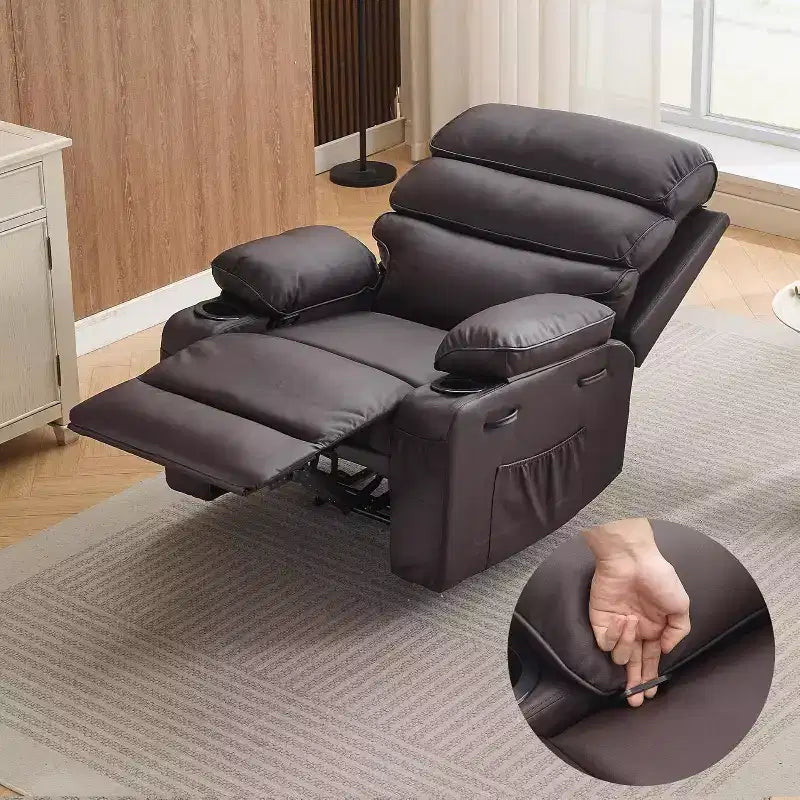 Extra Wide Manual Recliner with Massage and Heat, PU Leather Glider Chair with Cup Holders for Living Room, Black/Brown/Dark Brown