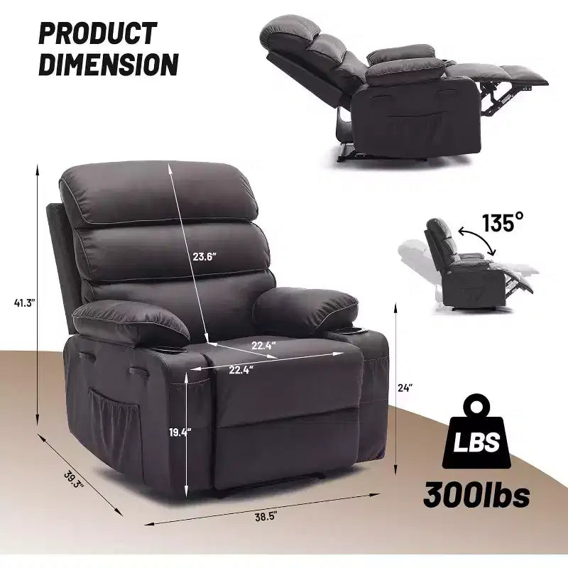 Extra Wide Manual Recliner with Massage and Heat, PU Leather Glider Chair with Cup Holders for Living Room, Black/Brown/Dark Brown