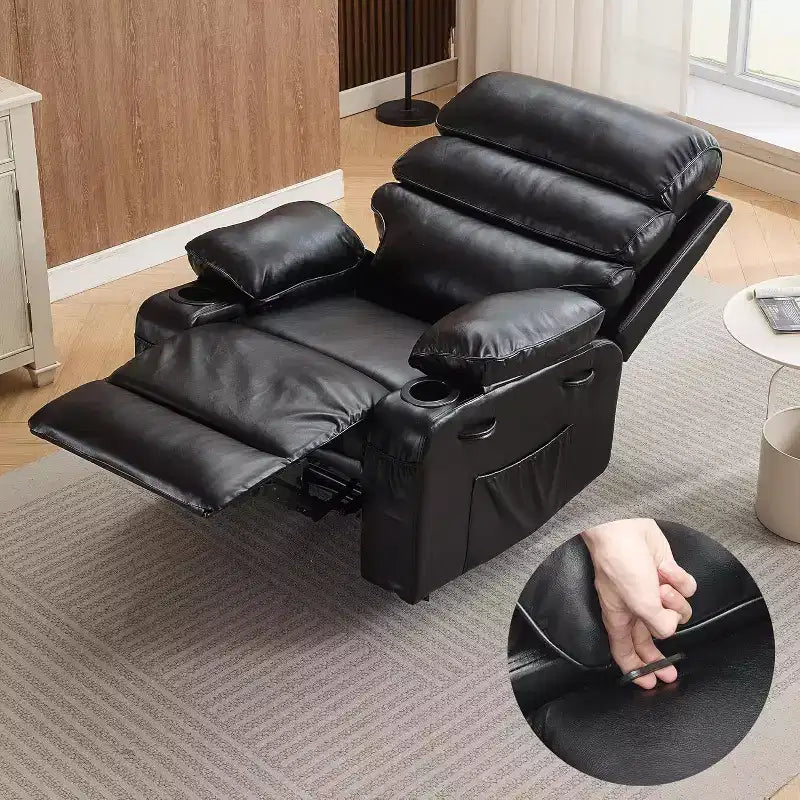 Extra Wide Manual Recliner with Massage and Heat, PU Leather Glider Chair with Cup Holders for Living Room, Black/Brown/Dark Brown