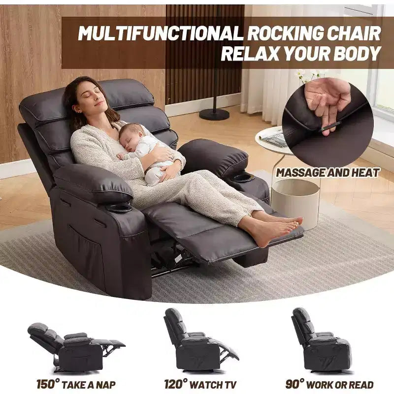 Extra Wide Manual Recliner with Massage and Heat, PU Leather Glider Chair with Cup Holders for Living Room, Black/Brown/Dark Brown