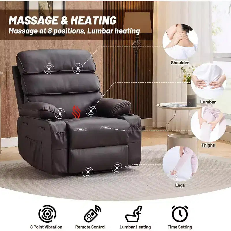 Extra Wide Manual Recliner with Massage and Heat, PU Leather Glider Chair with Cup Holders for Living Room, Black/Brown/Dark Brown