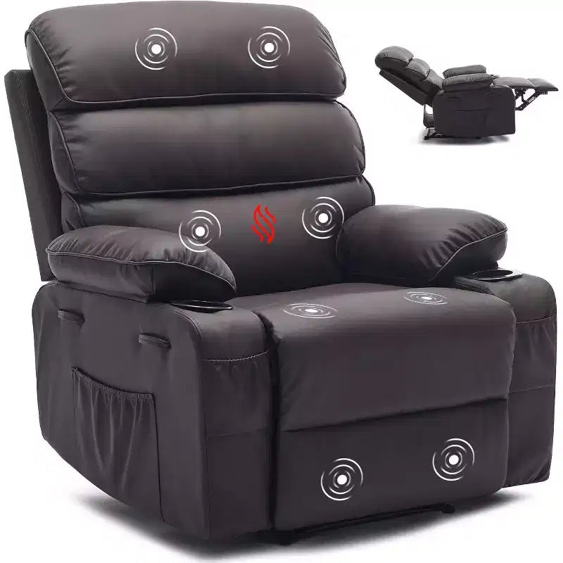 Extra Wide Manual Recliner with Massage and Heat, PU Leather Glider Chair with Cup Holders for Living Room, Black/Brown/Dark Brown