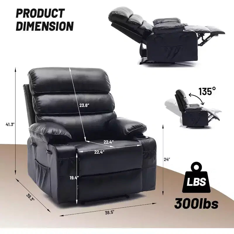 Extra Wide Manual Recliner with Massage and Heat, PU Leather Glider Chair with Cup Holders for Living Room, Black/Brown/Dark Brown