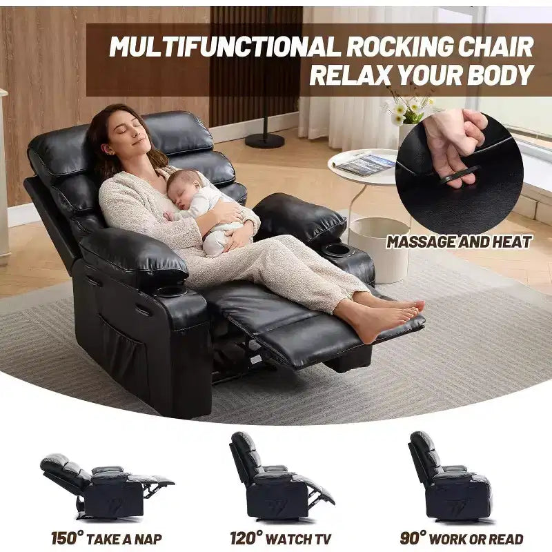 Extra Wide Manual Recliner with Massage and Heat, PU Leather Glider Chair with Cup Holders for Living Room, Black/Brown/Dark Brown