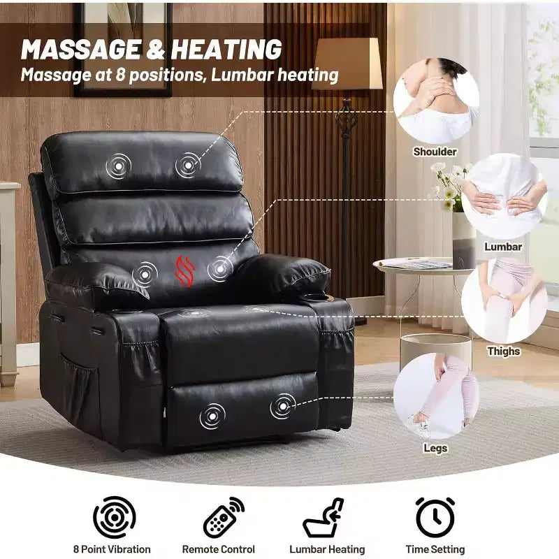 Extra Wide Manual Recliner with Massage and Heat, PU Leather Glider Chair with Cup Holders for Living Room, Black/Brown/Dark Brown