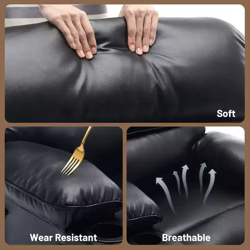 Extra Wide Manual Recliner with Massage and Heat, PU Leather Glider Chair with Cup Holders for Living Room, Black/Brown/Dark Brown