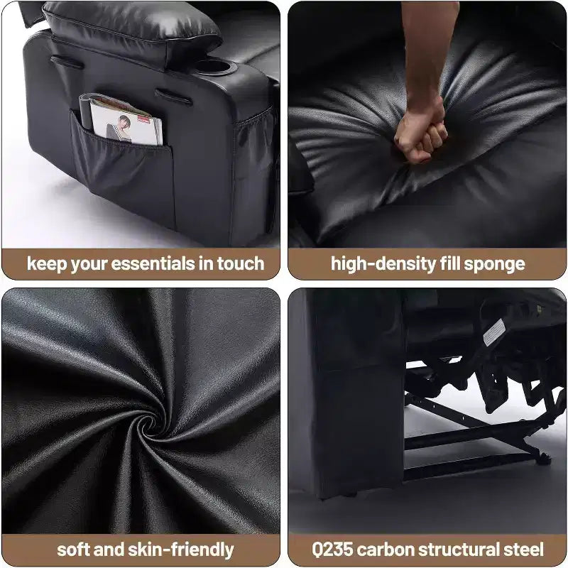 Extra Wide Manual Recliner with Massage and Heat, PU Leather Glider Chair with Cup Holders for Living Room, Black/Brown/Dark Brown