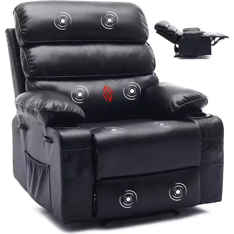 Extra Wide Manual Recliner with Massage and Heat, PU Leather Glider Chair with Cup Holders for Living Room, Black/Brown/Dark Brown