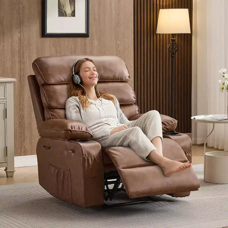 Extra Wide Manual Recliner with Massage and Heat, PU Leather Glider Chair with Cup Holders for Living Room, Black/Brown/Dark Brown