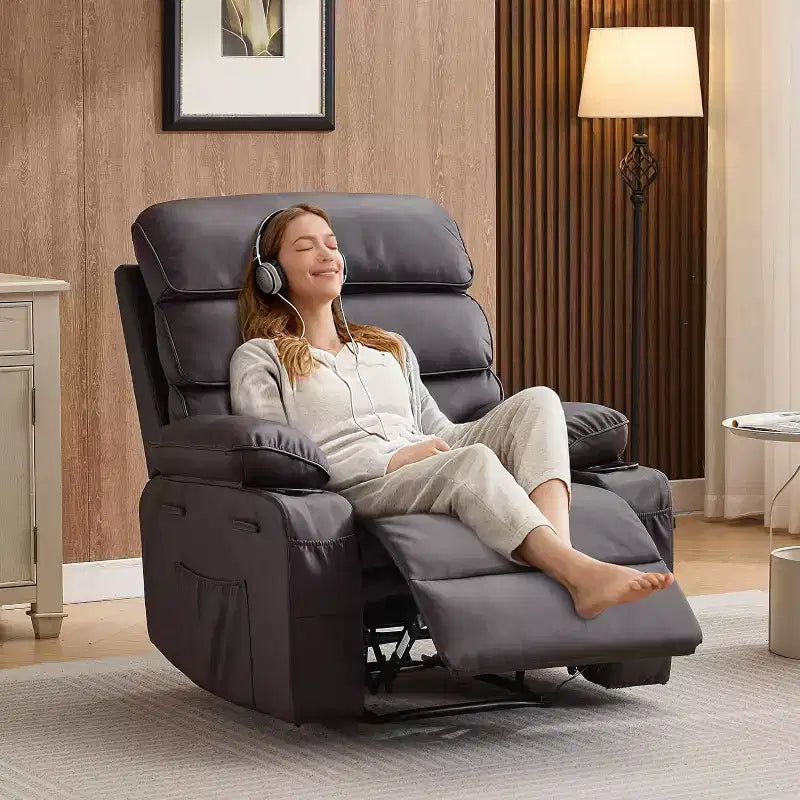 Extra Wide Manual Recliner with Massage and Heat, PU Leather Glider Chair with Cup Holders for Living Room, Black/Brown/Dark Brown