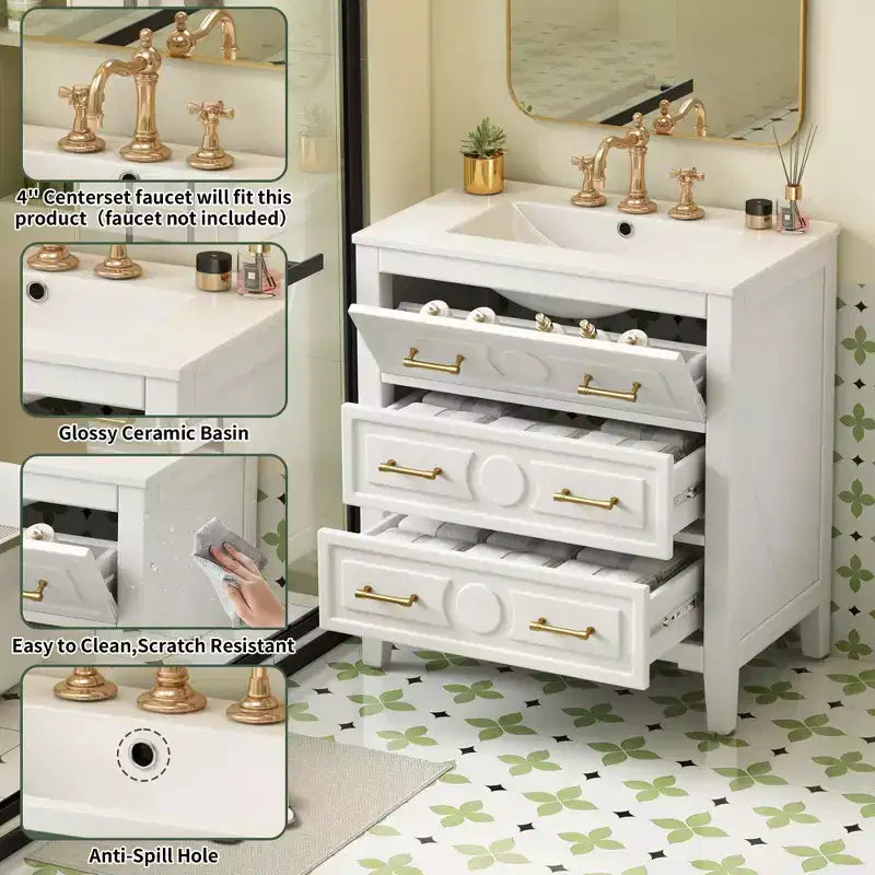 Bathroom vanity with ceramic sink, freestanding vanity set with 3 drawers, solid wood frame bathroom storage cabinet