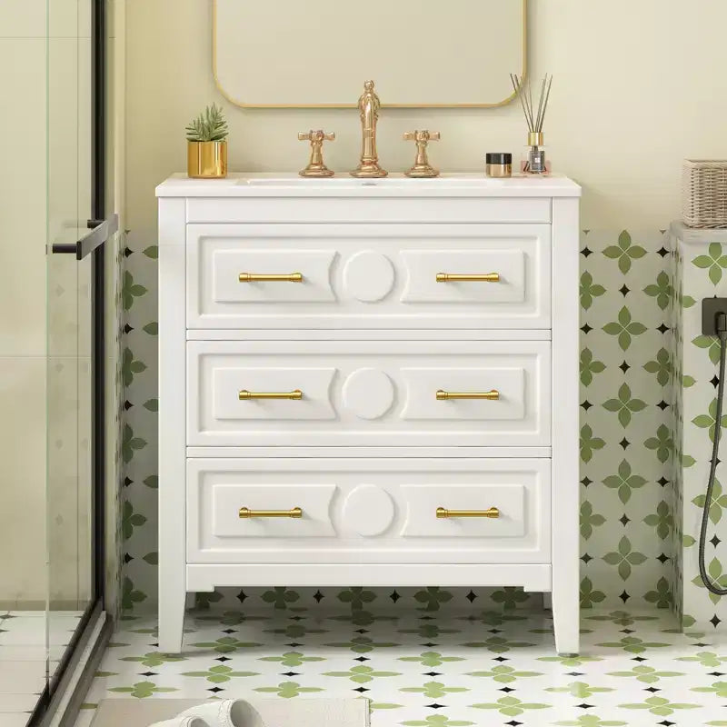 Bathroom vanity with ceramic sink, freestanding vanity set with 3 drawers, solid wood frame bathroom storage cabinet