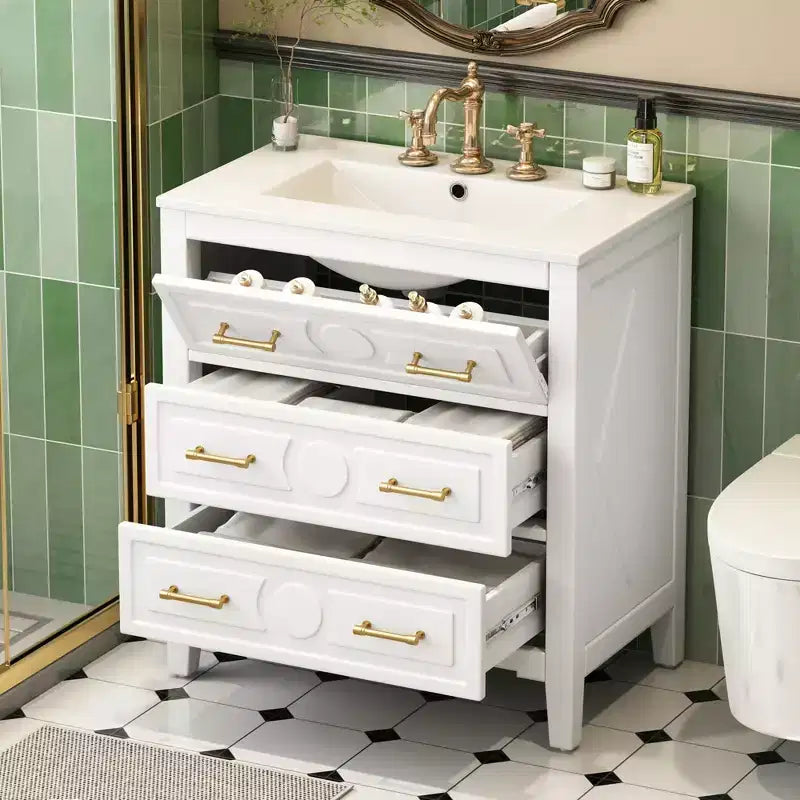 Bathroom vanity with ceramic sink, freestanding vanity set with 3 drawers, solid wood frame bathroom storage cabinet