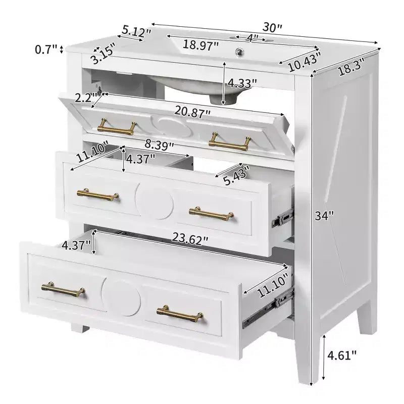Bathroom vanity with ceramic sink, freestanding vanity set with 3 drawers, solid wood frame bathroom storage cabinet