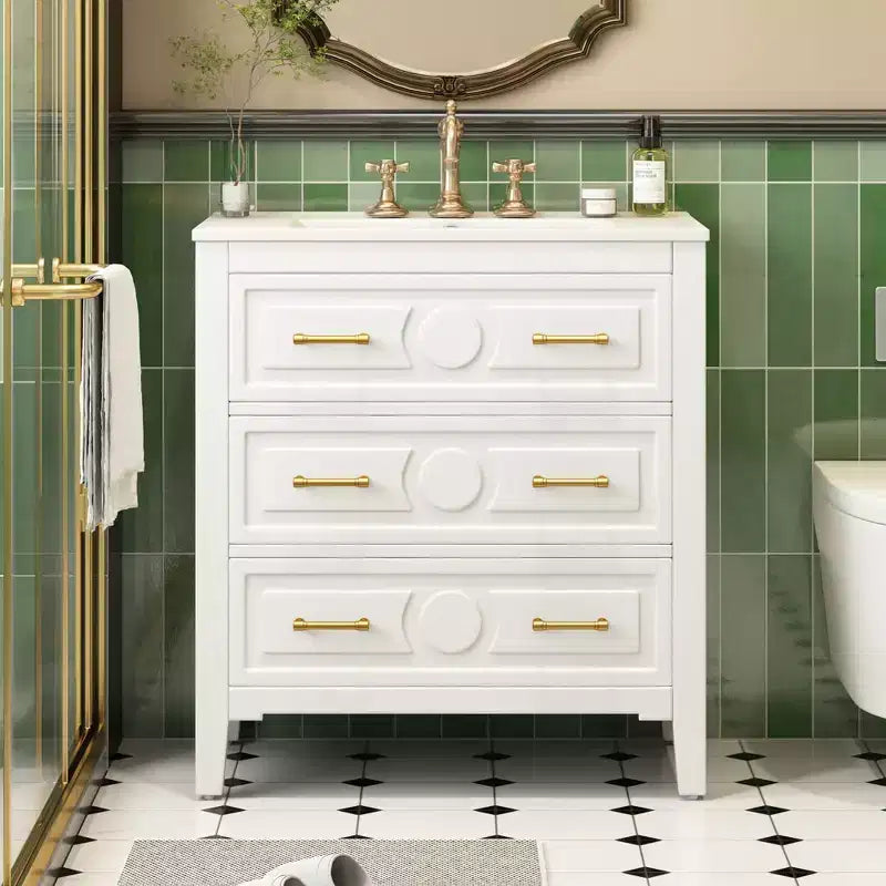 Bathroom vanity with ceramic sink, freestanding vanity set with 3 drawers, solid wood frame bathroom storage cabinet
