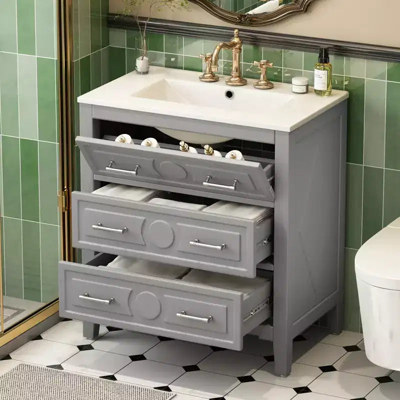 Bathroom vanity with ceramic sink, freestanding vanity set with 3 drawers, solid wood frame bathroom storage cabinet