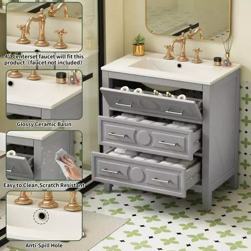 Bathroom vanity with ceramic sink, freestanding vanity set with 3 drawers, solid wood frame bathroom storage cabinet