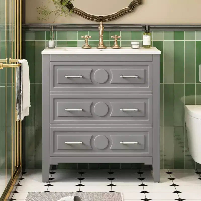 Bathroom vanity with ceramic sink, freestanding vanity set with 3 drawers, solid wood frame bathroom storage cabinet