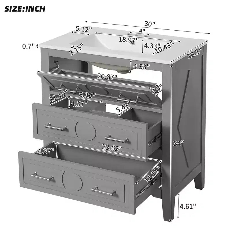 Bathroom vanity with ceramic sink, freestanding vanity set with 3 drawers, solid wood frame bathroom storage cabinet