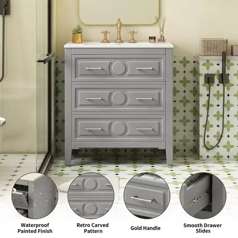 Bathroom vanity with ceramic sink, freestanding vanity set with 3 drawers, solid wood frame bathroom storage cabinet