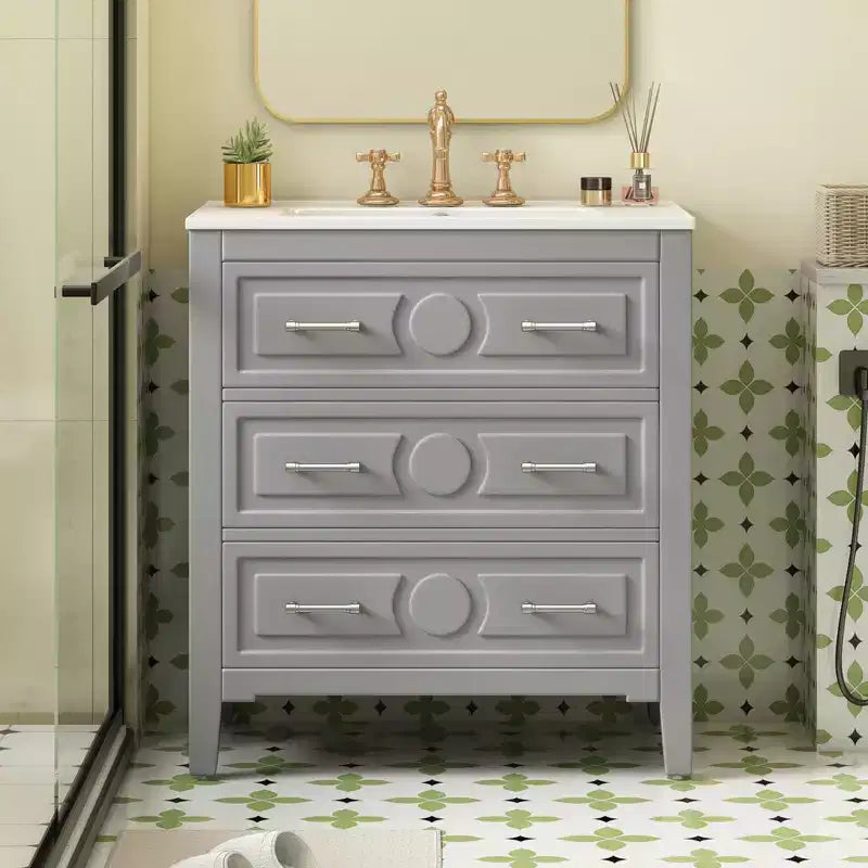 Bathroom vanity with ceramic sink, freestanding vanity set with 3 drawers, solid wood frame bathroom storage cabinet