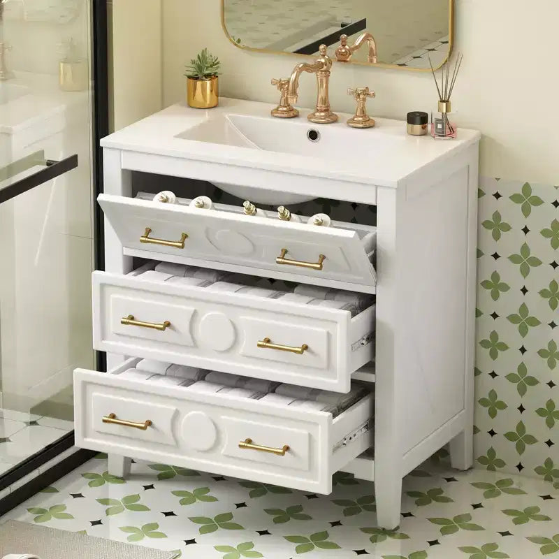 Bathroom vanity with ceramic sink, freestanding vanity set with 3 drawers, solid wood frame bathroom storage cabinet