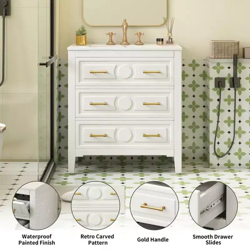 Bathroom vanity with ceramic sink, freestanding vanity set with 3 drawers, solid wood frame bathroom storage cabinet