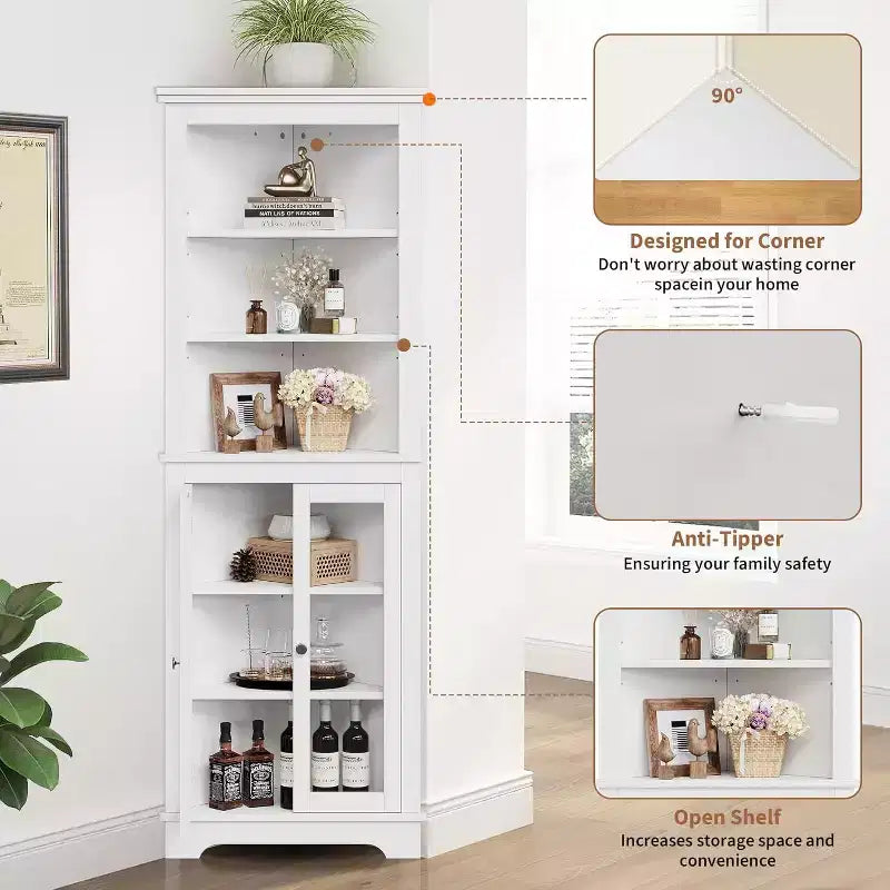 Corner Cabinet,65 Tall Modern Corner Bathroom Storage Cabinet with Glass Doors & Adjustable Shelves,5-Tier Display Cabinet,Home Space Saver