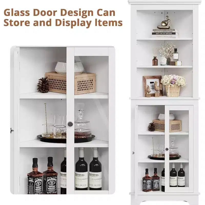 Corner Cabinet,65 Tall Modern Corner Bathroom Storage Cabinet with Glass Doors & Adjustable Shelves,5-Tier Display Cabinet,Home Space Saver
