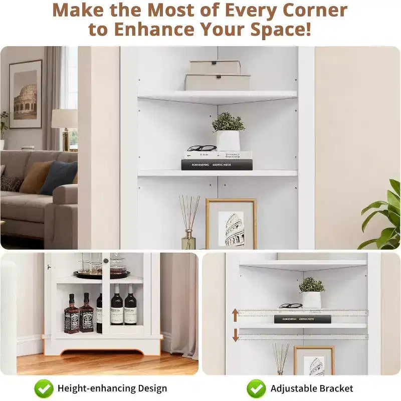 Corner Cabinet,65 Tall Modern Corner Bathroom Storage Cabinet with Glass Doors & Adjustable Shelves,5-Tier Display Cabinet,Home Space Saver