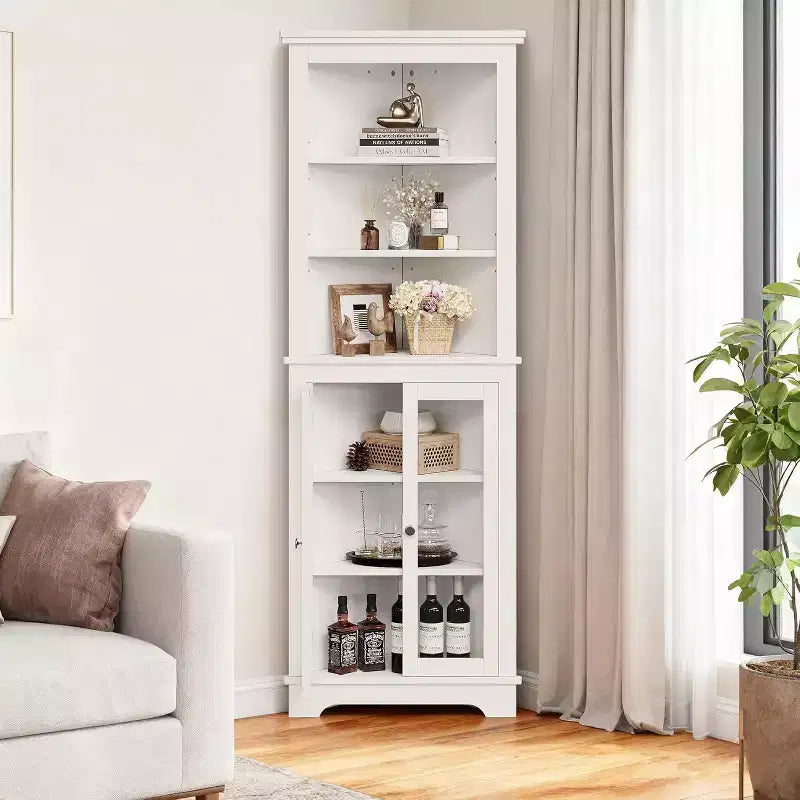 Corner Cabinet,65 Tall Modern Corner Bathroom Storage Cabinet with Glass Doors & Adjustable Shelves,5-Tier Display Cabinet,Home Space Saver