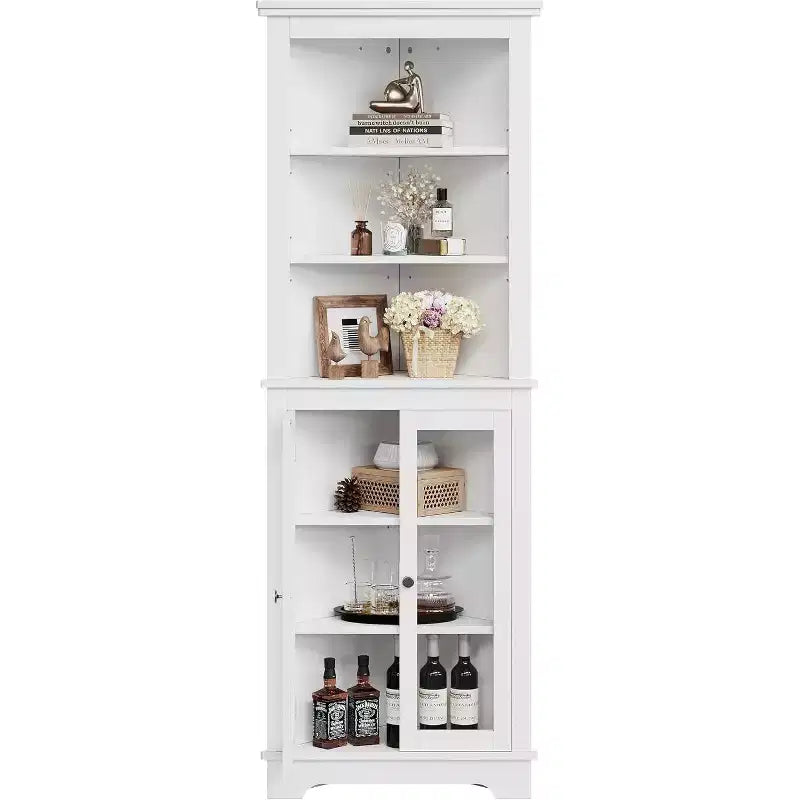 Corner Cabinet,65 Tall Modern Corner Bathroom Storage Cabinet with Glass Doors & Adjustable Shelves,5-Tier Display Cabinet,Home Space Saver