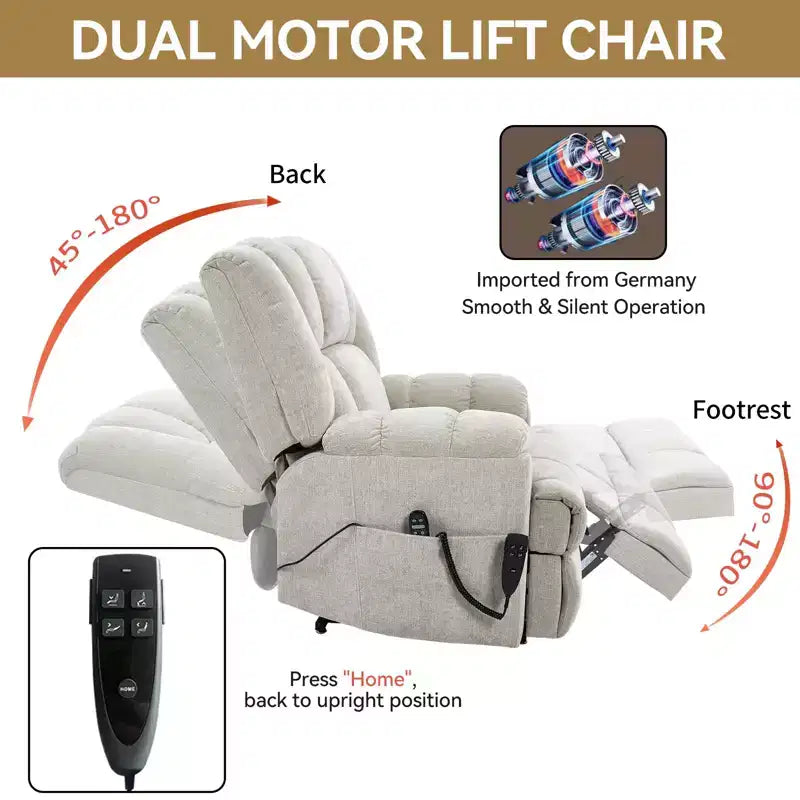 Dual Motor Heat Massage Recliners Infinite Position Up to 350 LBS Electric Power Lift Recliners