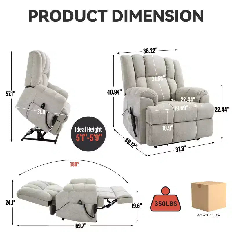 Dual Motor Heat Massage Recliners Infinite Position Up to 350 LBS Electric Power Lift Recliners