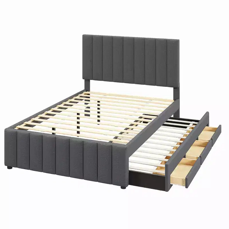 GDF Studio Middleton Upholstered Platform Bed with Twin Size Trundle and 3 Drawers, Linen Fabric
