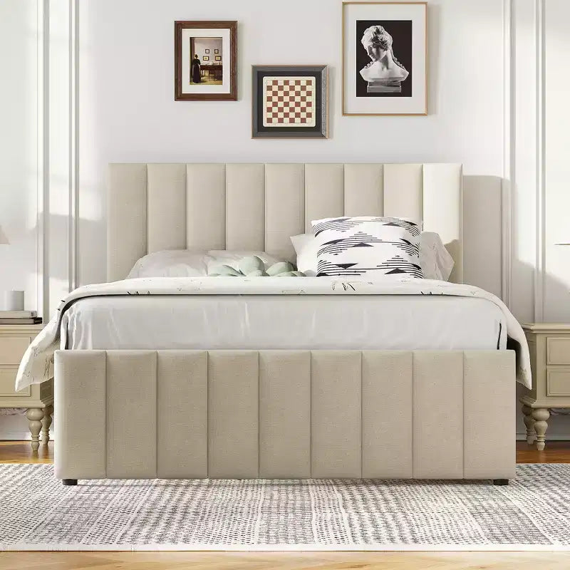 GDF Studio Middleton Upholstered Platform Bed with Twin Size Trundle and 3 Drawers, Linen Fabric